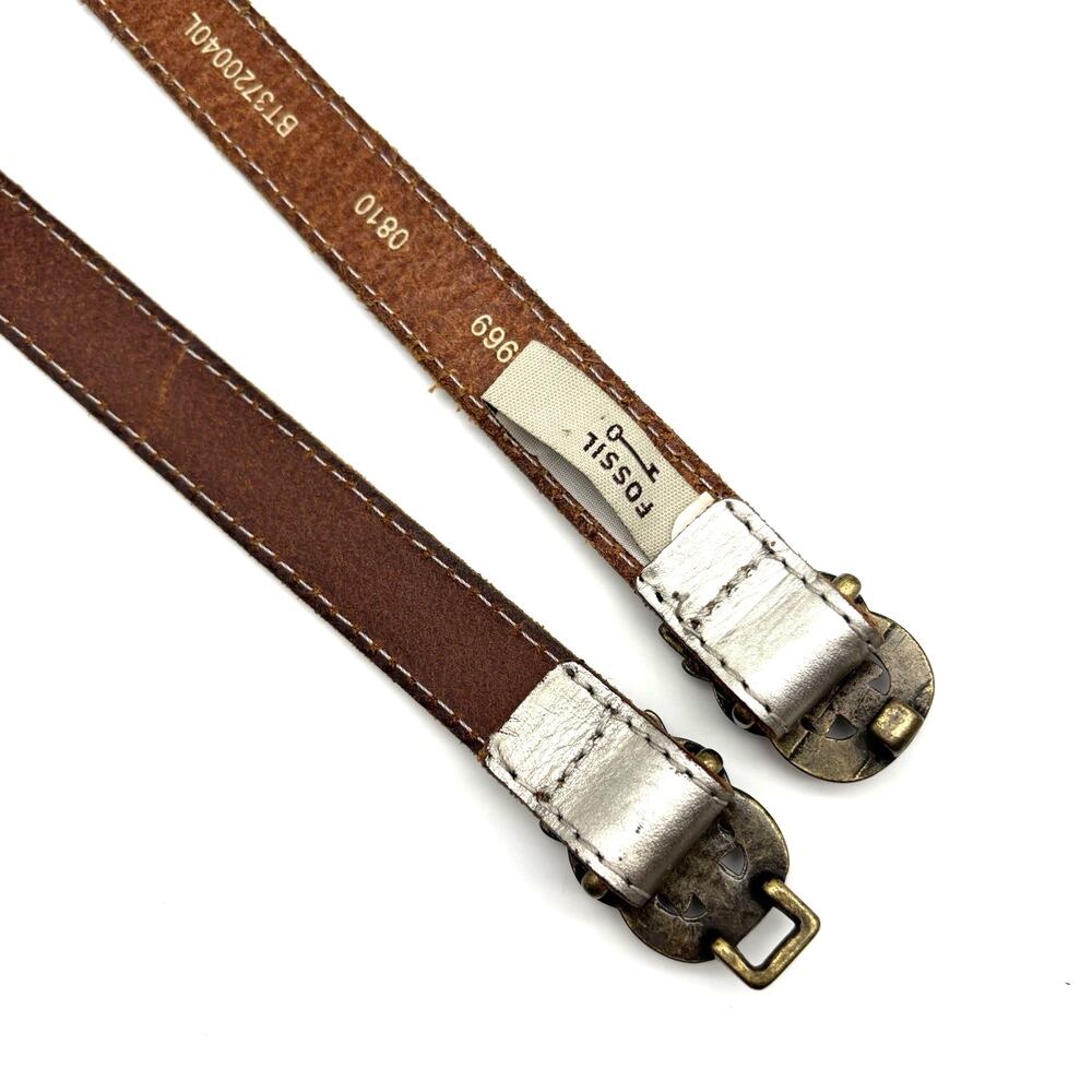 Y2K Fossil Silver Leather Brass Rhinestone Buckle Stretch Waist Belt L 36-38" - Picture 9 of 12